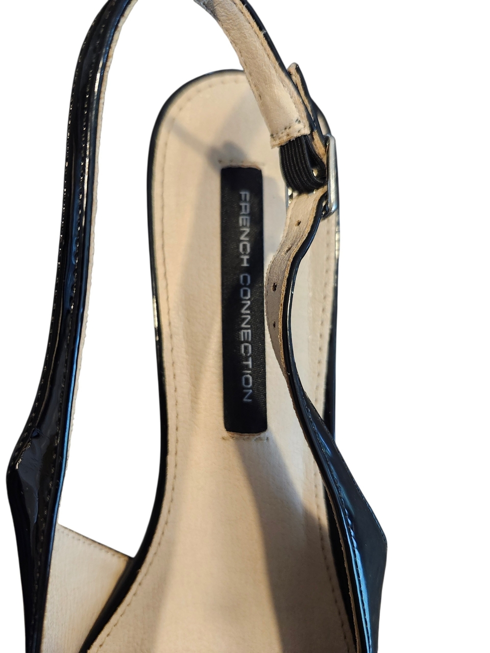 French Connection Black Patent Slingback Pumps Pointed Toe Kitten Heel With Bow - Picture 7 of 10